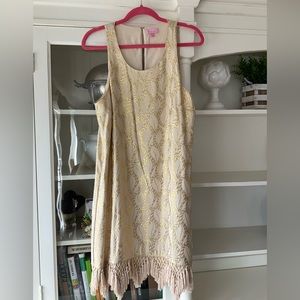 Lilly Pulitzer Marquette Shift Dress Gold & Ivory Fringe Like New Size L